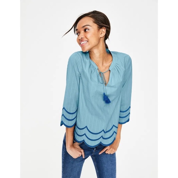 Boden Willa Flowy Peasant Blue Tassel Scalloped Hem Lined Top Boho Flirty Sz 6 - Picture 10 of 16
